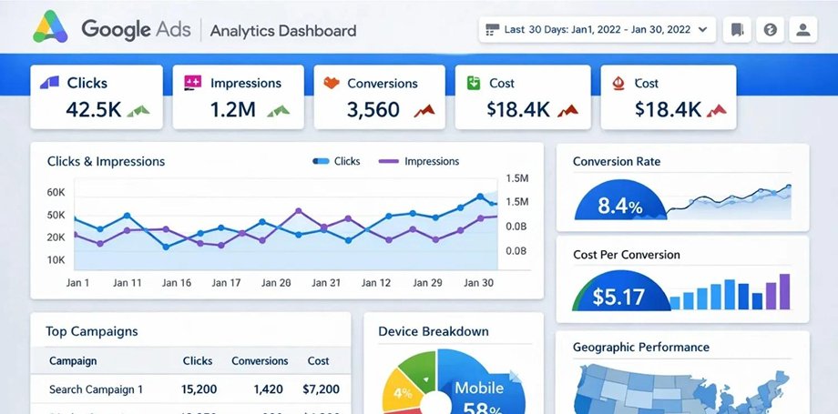 Paid advertising performance data being reviewed for a Google Ads and PPC strategy