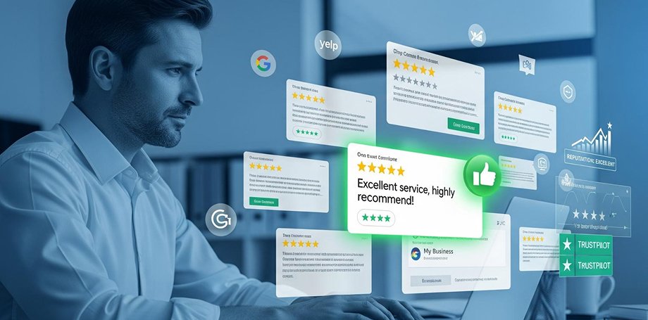 Marketing performance data being reviewed for an online reputation management strategy